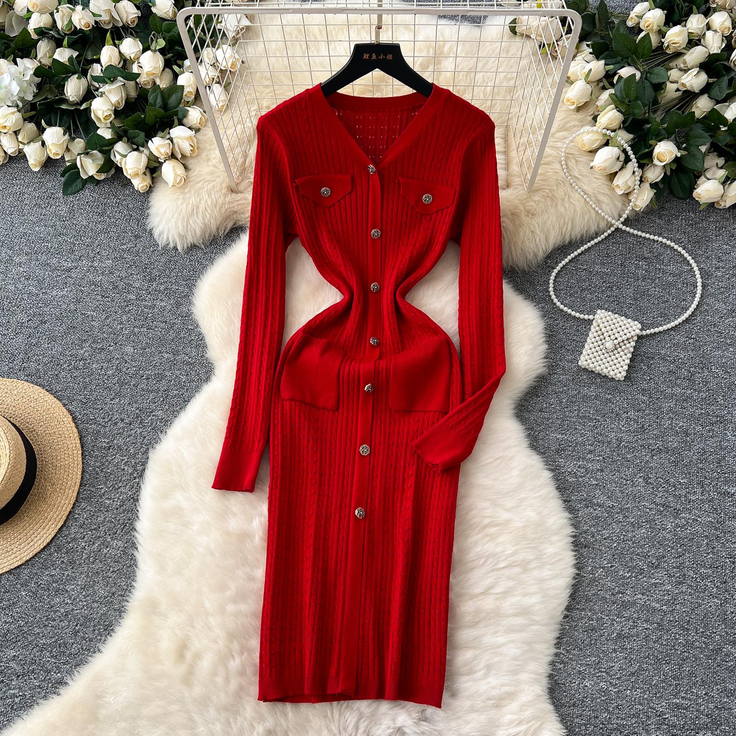 

Весна Осень Женские V-образным вырезом Золотые пуговицы Тонкий трикотажный свитер Платья с карманом One Size красный