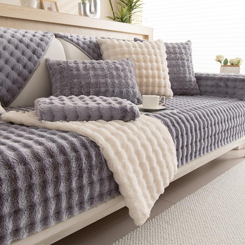 Thicken Plush Stripe Immitation Rabbit Fur Non-Slip Sofa Cover, For Winter Living Room Couch Seat Decor Slipcover Sofa Towel
