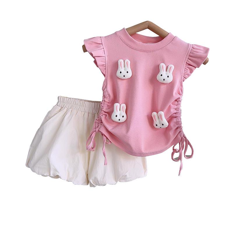 Girls' Summer Cute Rabbit Top & Skirt Set with Fly Sleeves