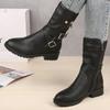 Wadenhohe Stiefel Übergröße 43 Damen Schnalle Goth Stiefel Damen Niedriger Blockabsatz Reißverschluss Leder Flache Schuhe Rot Schwarz Grau Stiefel