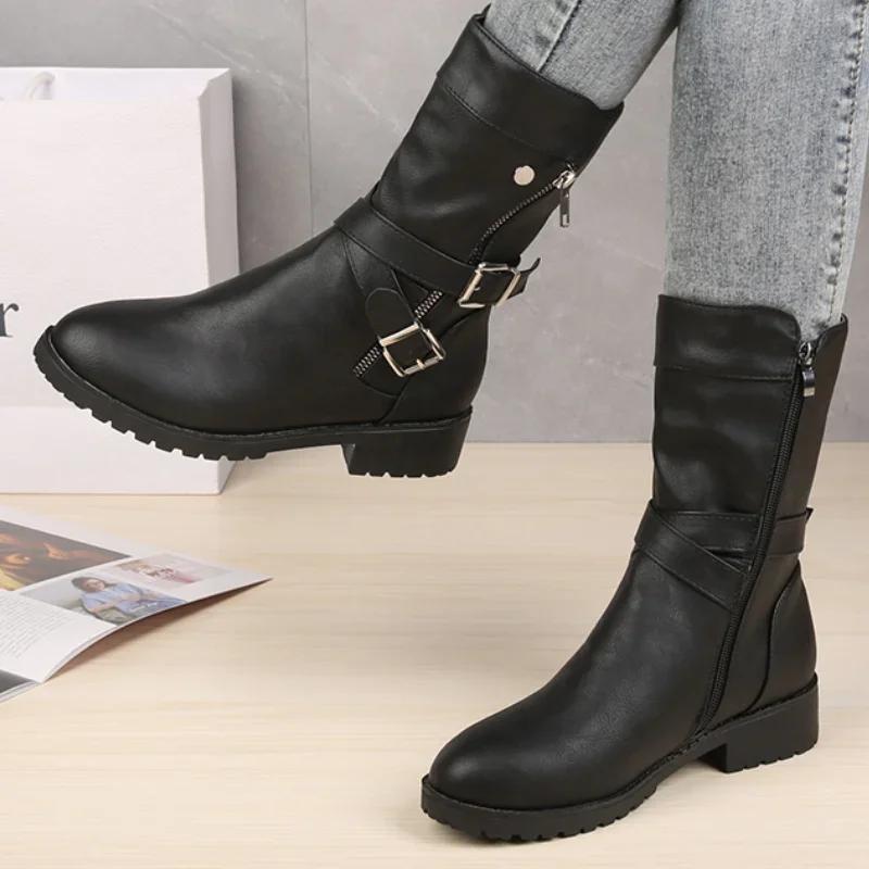 Wadenhohe Stiefel Übergröße 43 Damen Schnalle Goth Stiefel Damen Niedriger Blockabsatz Reißverschluss Leder Flache Schuhe Rot Schwarz Grau Stiefel