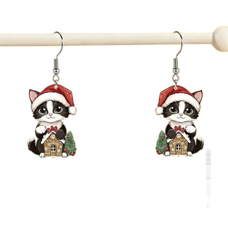 Bohemian Christmas Cat Santa Hat Acrylic Earrings