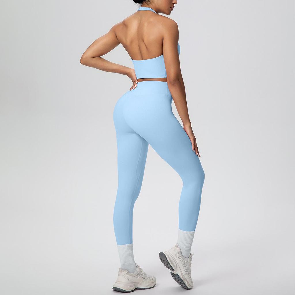 Solid Color Halter Sports Bra & Body Sculpting Yoga Pants Set