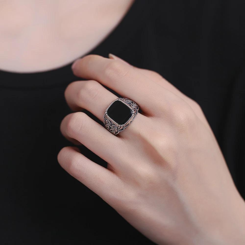 Silberschmuck Ring Natur 10*12mm Großer Schwarzer Achat Stein Vintage Ring Für Frauen Party Geschenke