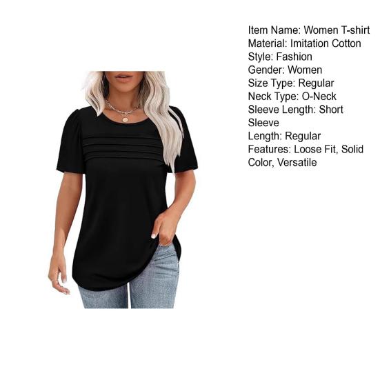 Women Summer T-shirt Round Neck Short Sleeve Tee Shirt Solid Color Lines Texture Loose Fit Pullover Tops Daily Wear