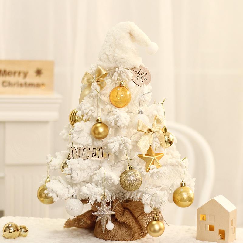 White PVC Flocked Mini Desktop Christmas Tree Set with Ornaments