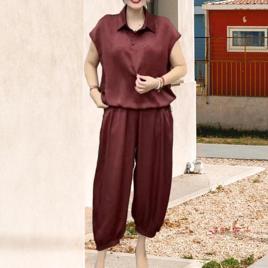 Damen Lockerer Zweiteiler Revers V-Ausschnitt Kurzarm Oberteil Lange Hose