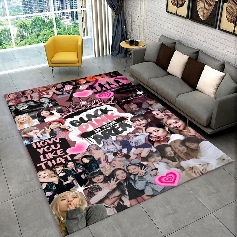Fashion B-Black P-Pink Kpop Star Carpet Rug for Playroom Bedroom Living Room Sofa Home Decor,kid Area Rug Non-slip Floor Mat