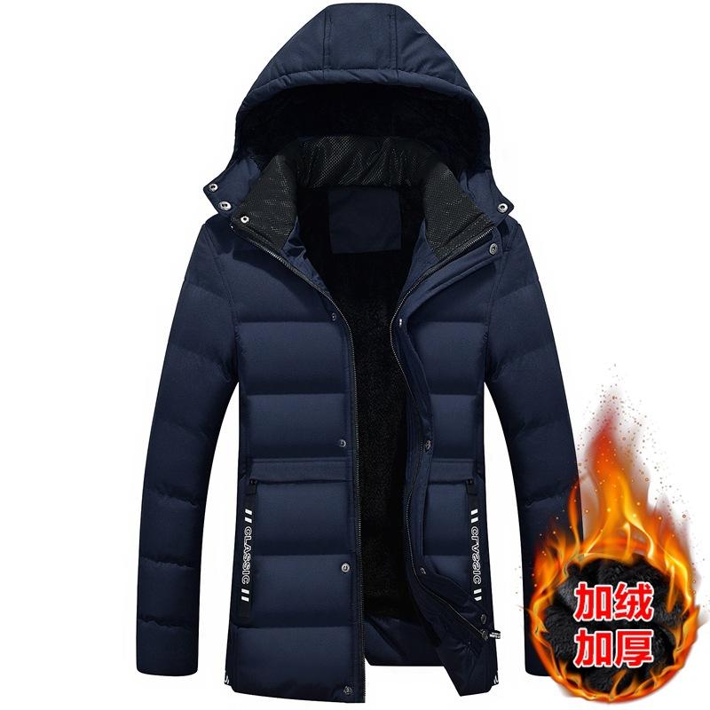 

Мужская зимняя молодежная флисовая утолщенная хлопковая куртка с капюшоном и воротником-стойкой, однотонная, корейская версия теплого верха, хлопковая куртка 5XL темно-синий