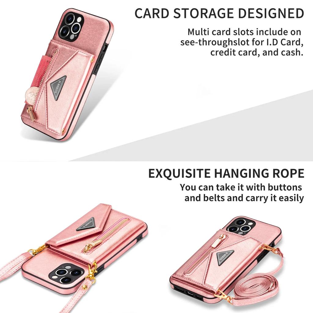 Zipper Crossbody Wallet for IPhone 16 15 14 13 12 Mini 11 XR XS Pro Max 8 Plus Case with Card Holder Lanyard StrapLeather Cover
