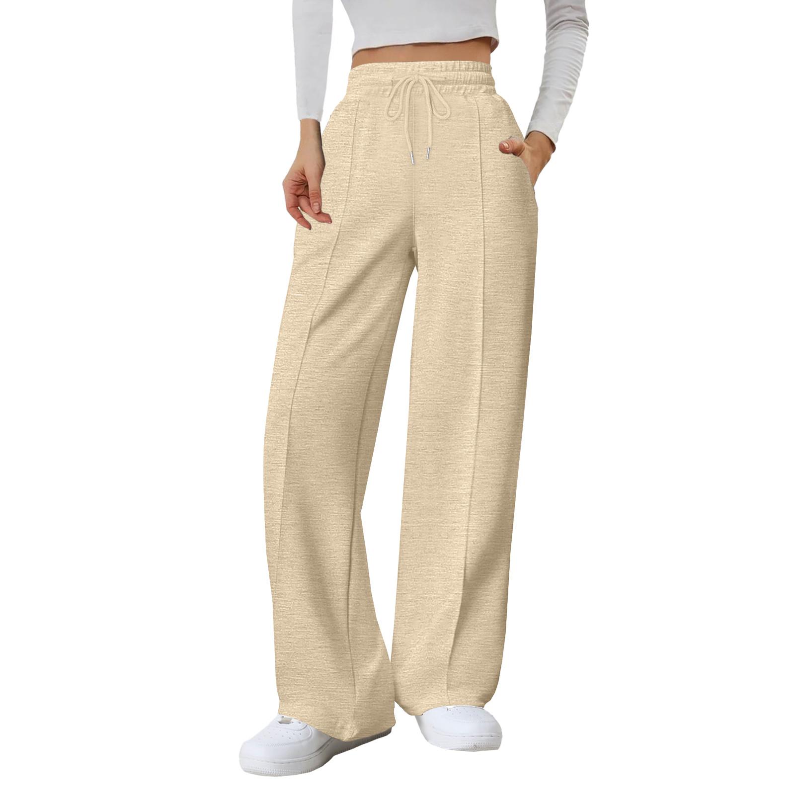 Women s Fashion Color High Waist Wide Leg Casual Loose Pants Sweatpants XL бежевый