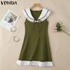 VONDA Summer Women Lace Hem Naval Collar Sleeveless Ruffled Casual Dress
