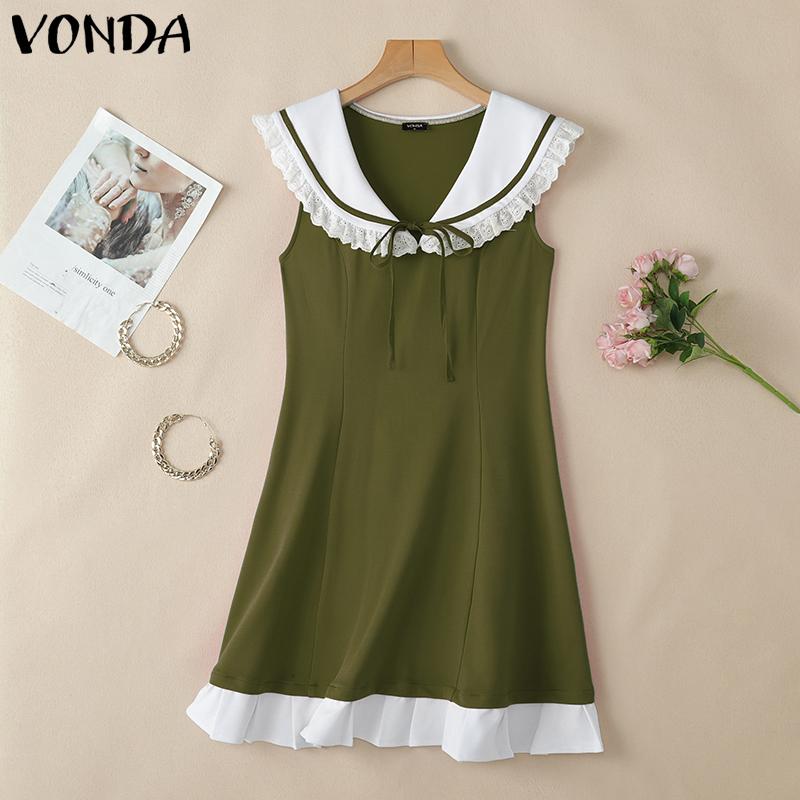 VONDA Summer Women Lace Hem Naval Collar Sleeveless Ruffled Casual Dress