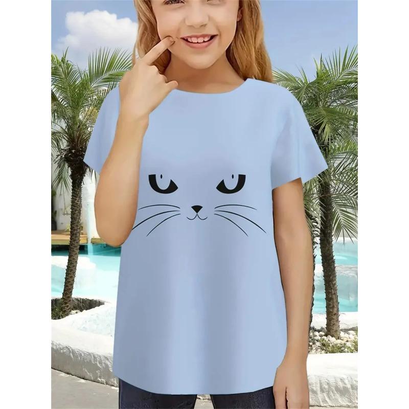 Top s kulatým výstřihem a 3D potiskem kočky, ležérní dětské dívčí tričko s krátkým rukávem - Měkká středně elastická polyesterová tkanina, letní oblečení volného střihu