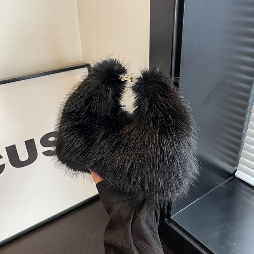 Adjustable Strap Clutch Purse Women Faux Fur Shoulder Bag Soft Plush Handbag Solid Color Hobo Bag for Travel Party
