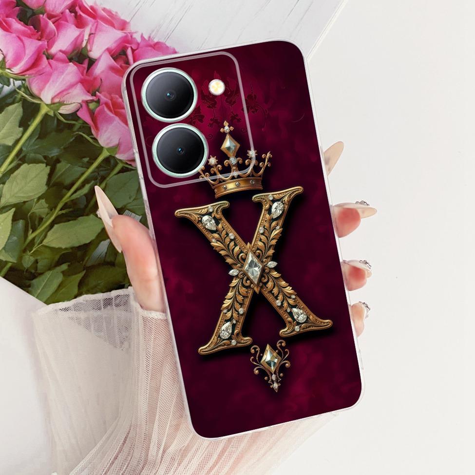 For Vivo V2322 Cover For Vivo Y27S Case Transparent Luxury Crown A-Z Letters 2D Flat Pattern Soft Phone Case For Y27S Vivo