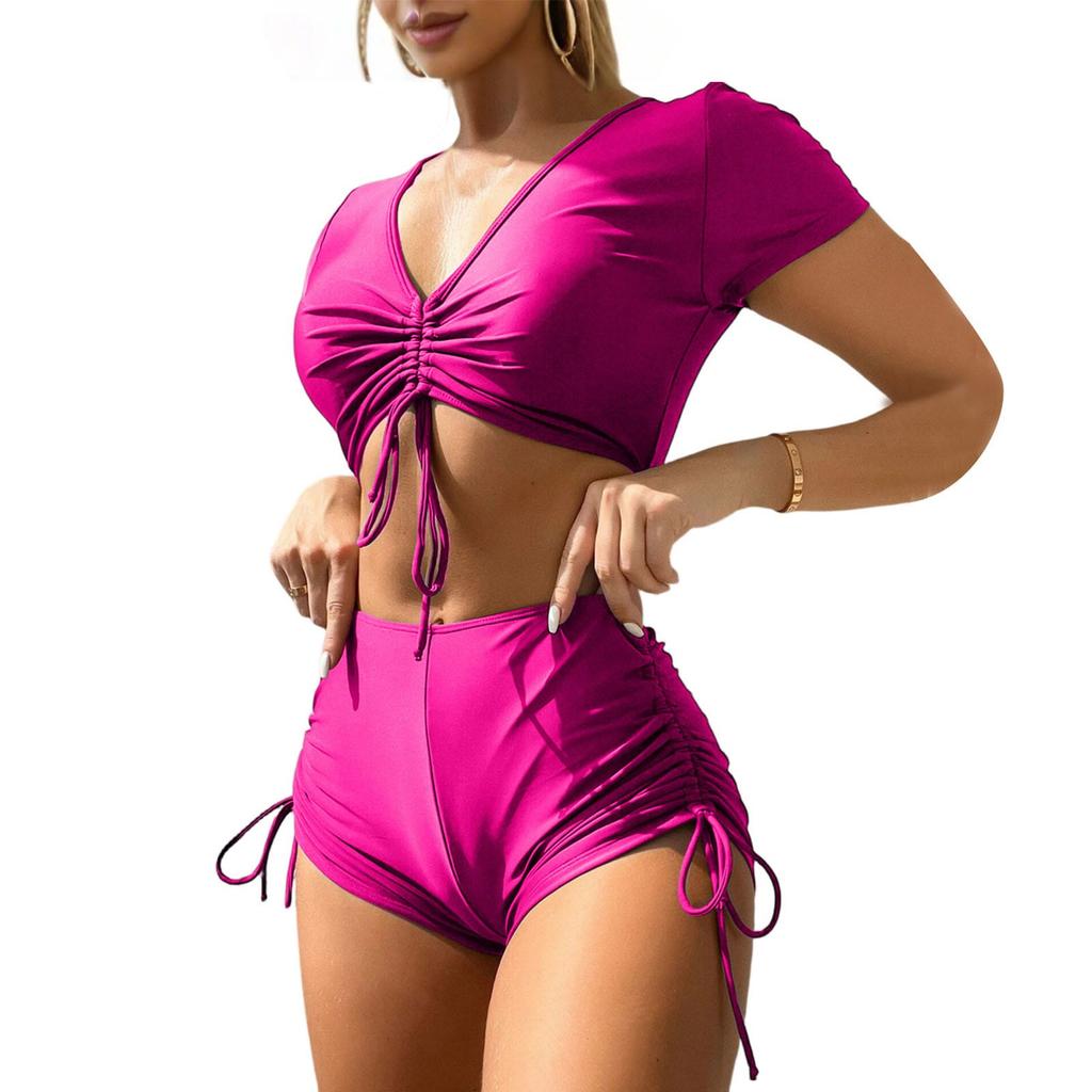 Women’s Two Piece High Waist Short Sleeve Swimsuit Set with Adjustable Drawstring Top and Ruched Bikini Bottoms for Beach Pool