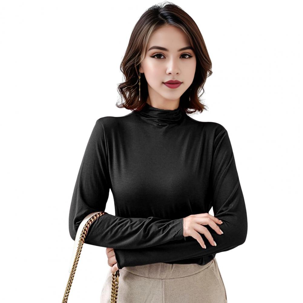 Soft Long Sleeve Blouse Stylish Women's Long Sleeve Tops Slim Fit Half-high Collar Shirt Solid Color Bottoming for Daily for A