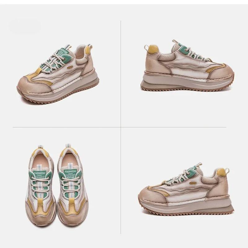 Johnature Thick Soled Mixed Colors Retro Genuine Leather Splicing Breathable Mesh Casual Sports Women's Shoes