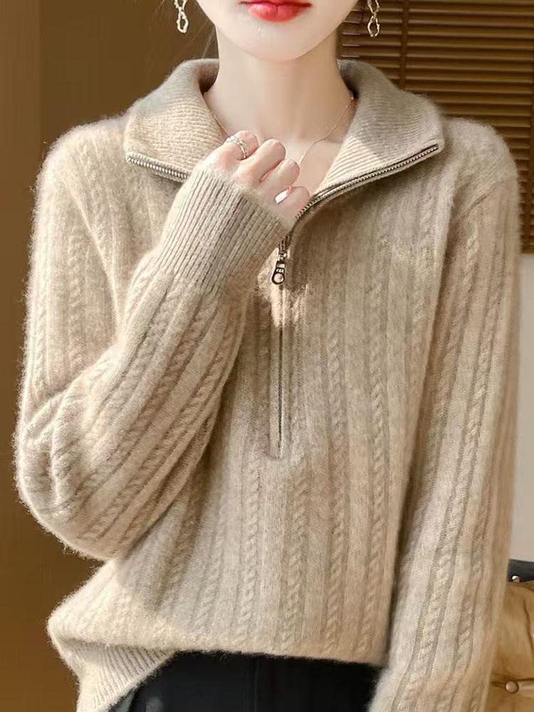 Women's Solid Half-Zip Fleece Base Layer with Half-High Neck Cable Knit Sweater