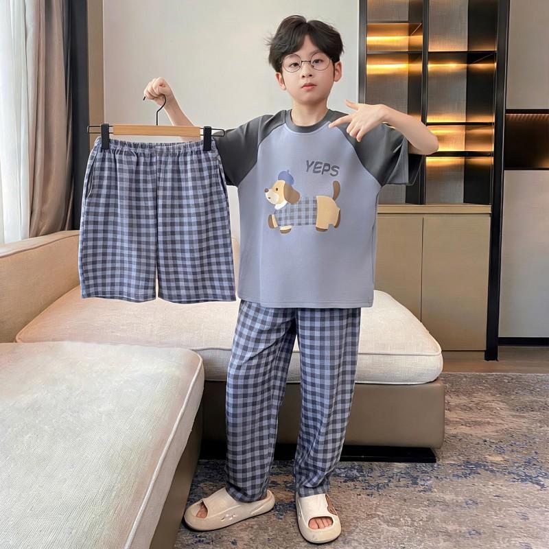 Cotton 3-Piece Pajama Set Boys Lightweight Short Sleeve Sleepwear Cartoon Print Home Wear Ages 8