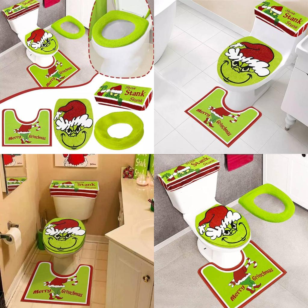 Set Decorazioni Bagno Natale Copriwater e Tappetino Verde Festivo del Grinch