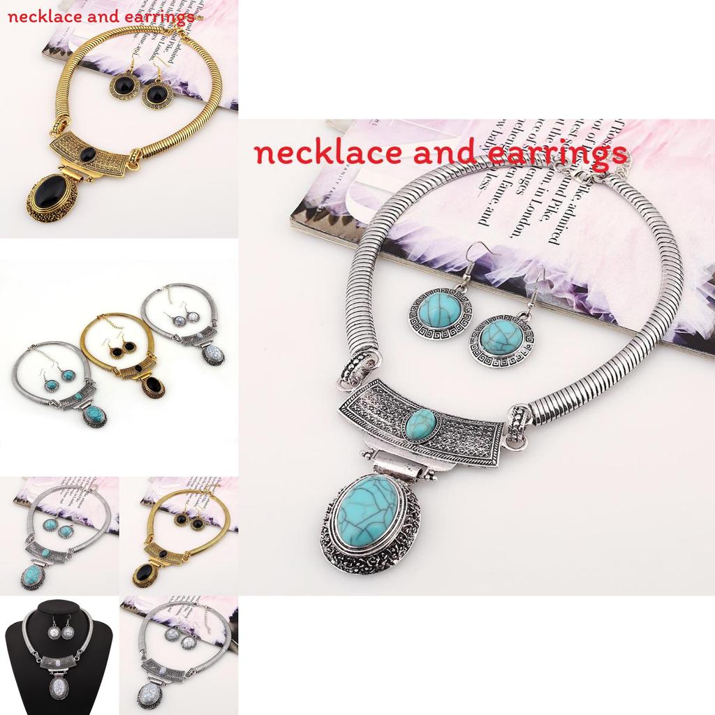 Ethnic Style Simulation Gemstone Decoration Women Necklace And Earring Set For Men And Women