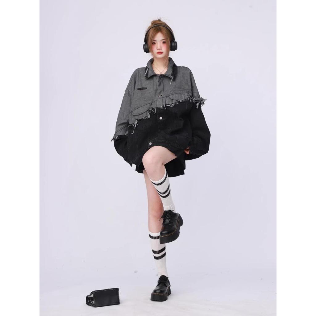 Unisex Schwarze Denim Patchwork Jacke - Lässiger Retro-Stil für Frühling/Herbst 2026