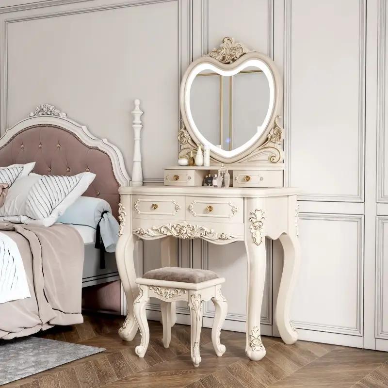 European Dressers Vanity Table Set with Mirror White Makeup Desk with Drawers & Stool - Small Wood Dressing Table for Bedroom