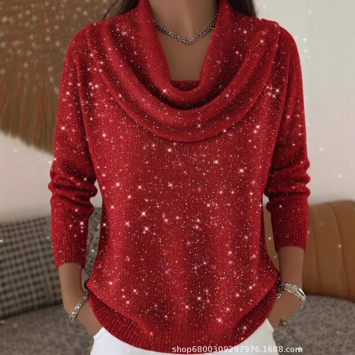 Women s Cowl Neck Long Sleeve Knit Sweater Regular Fit Elegant Sparkly Pullover Top S