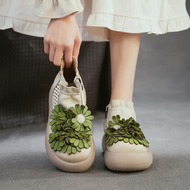 2026 Nuovi Stivaletti Floreali Traforati da Donna Sandali in Vera Pelle di Mucca con Zip Laterale Scarpe Piattaforma Stile Romano Vintage
