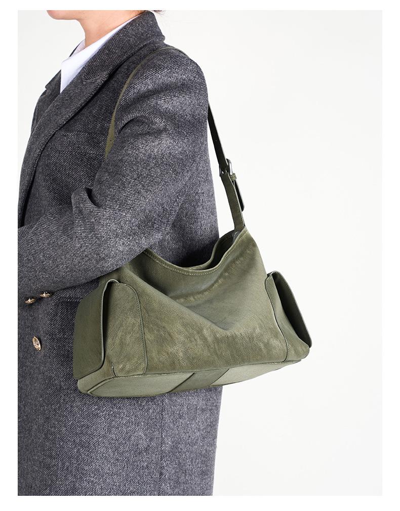 Fur pearlescent vegetable tanned leather Xiaoyao hobo bag retro large capacity one-shoulder crossbody bag female niche commuter tote bag