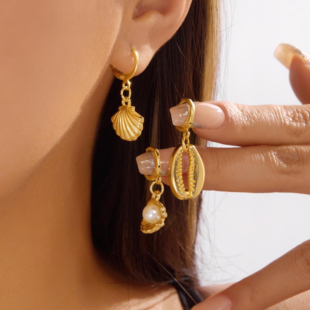 6Pcs Boho Starfish Shell Scallop Earring Set For Women Imitation Pearl Metal Geometric Earring Beach Party Versatile Jewelry
