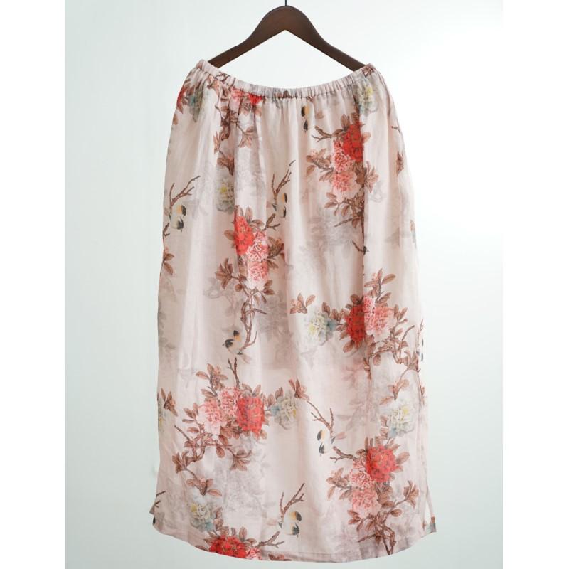

Johnature Women Vintage Skirts Print Floral Elastic Waist Spring Chinese Style High Quality Straight Skirts One Size