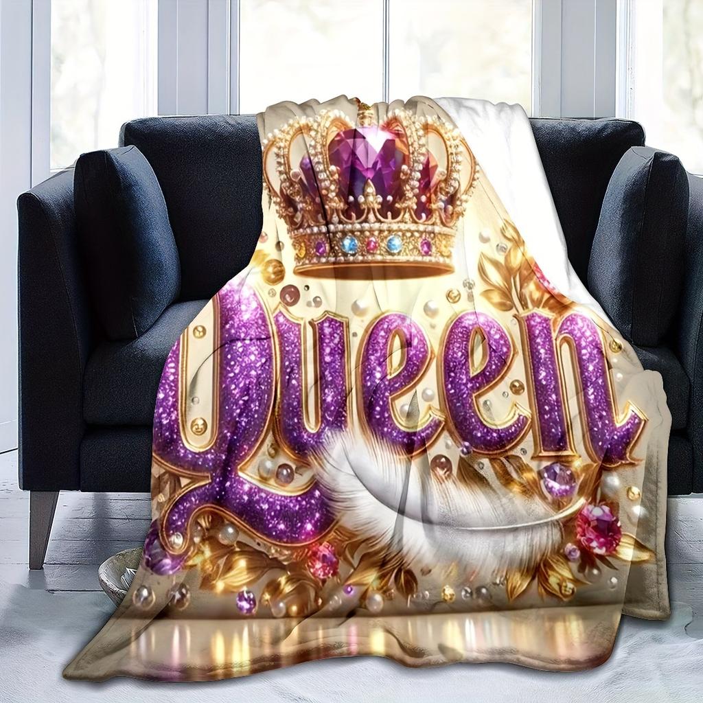 Contemporary Queen Crown Print Flannel Throw Blanket, Soft Warm Knitted Polyester Throw for Sofa, Office, Bed, Camping, T