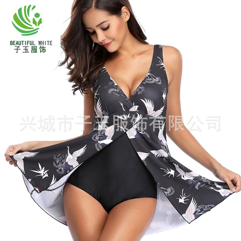 Swimsuit women's new large size conservative crane print sexy bikini one-piece swimsuit
