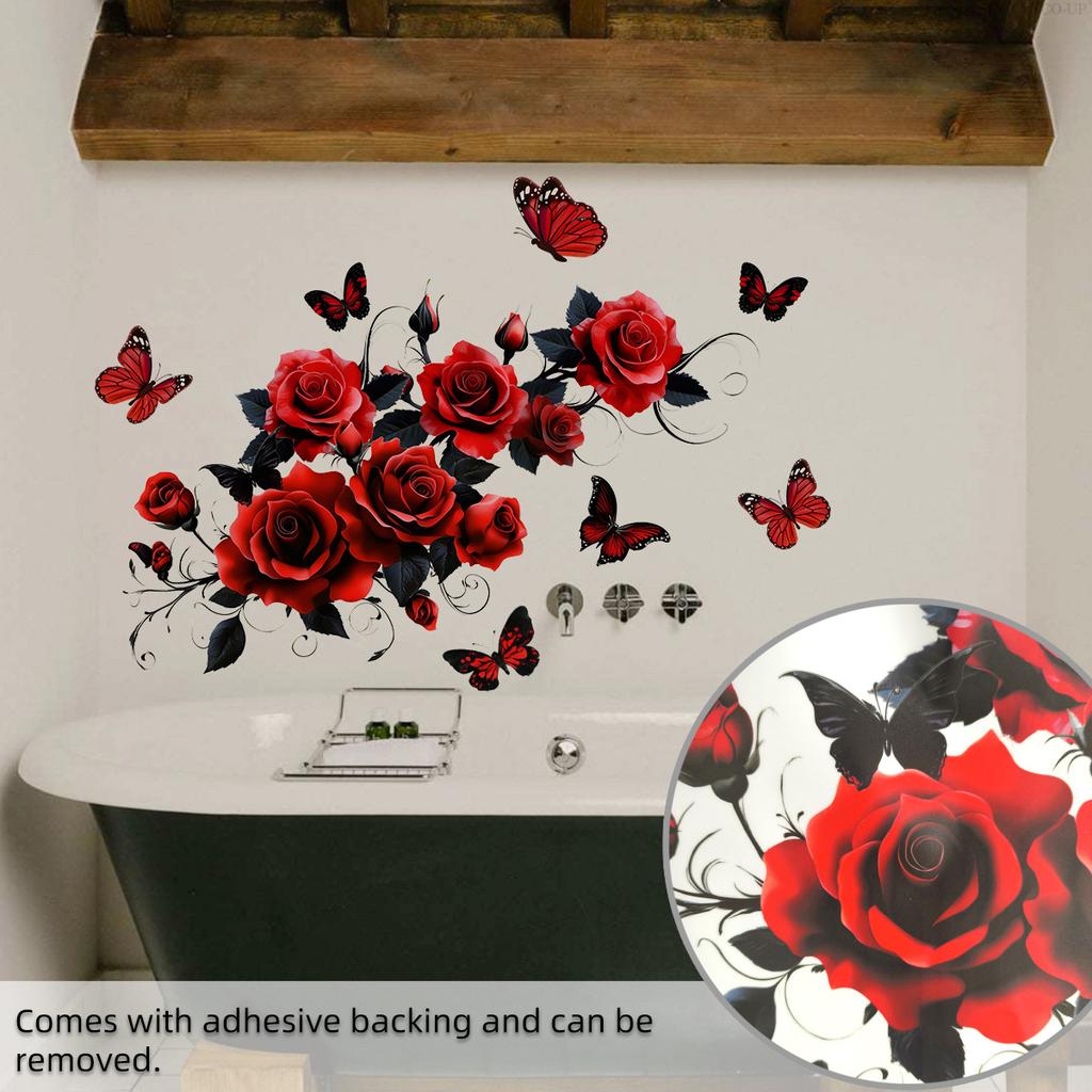 Valentine's Day Floral Wall Stickers, Rose Butterfly Decor, Living Room Bedroom Kids Room Holiday Background Wall Art
