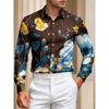 Men's Blue and Yellow Flower Printed Long Sleeve Shirt with Flip Collar Flower Shirt, Vacation Casual Trendy Men's Top
