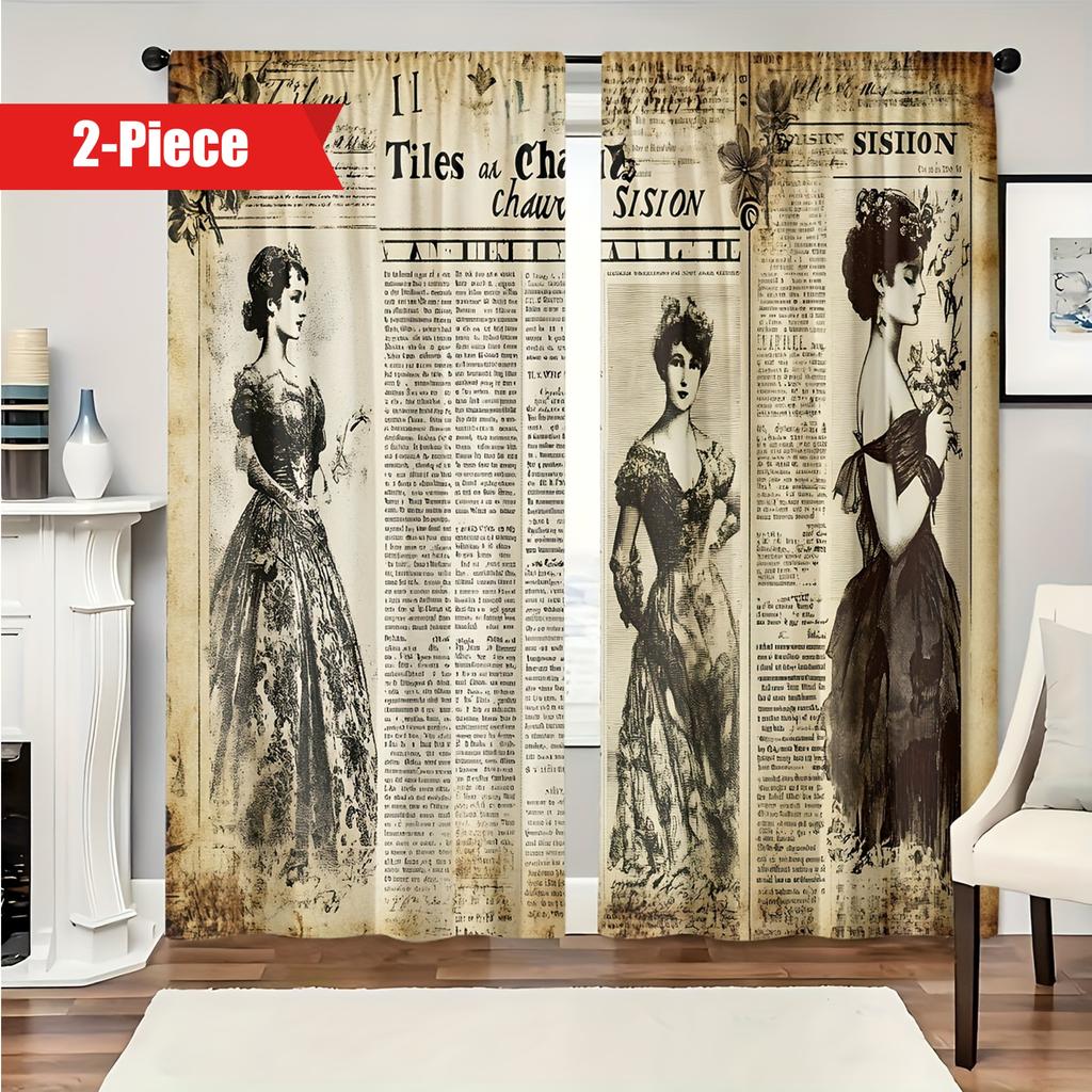 2 Pieces of Retro Newspaper Printed Curtains, Pole Bag Curtains 30*65, Bedroom and Living Room, Home Decoration, Room Decoration