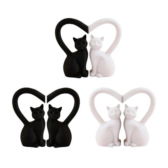 2Pcs Couple Cat Figurine, Black & White Cat Statue with Heart-Shaped Tail, Stable Base Decor for Bedroom Vanity Living Room, Romantic Gift for