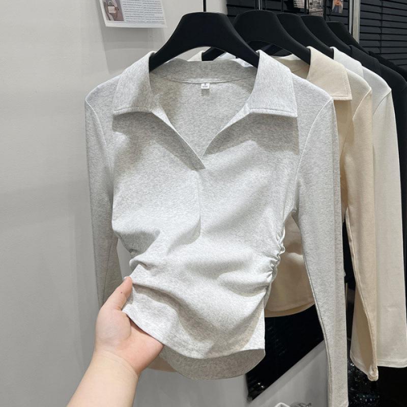 Spring and Autumn New POLO Neck Long Sleeve Women's Slim Skinny Versatile Waist Shoulder T-Shirt