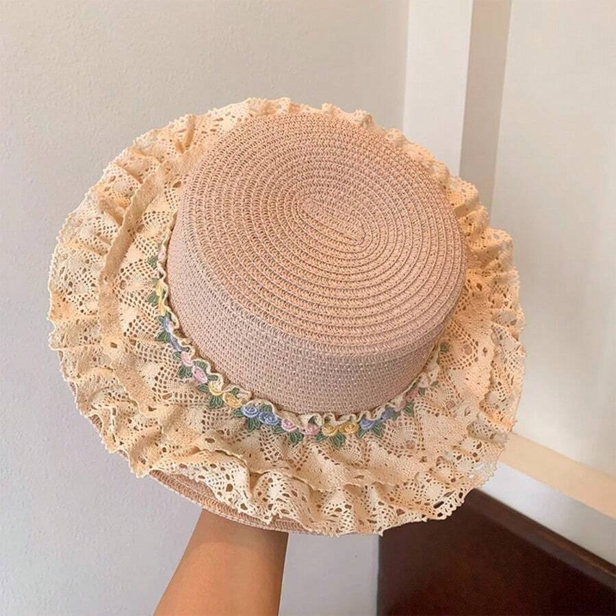 Womens Pearl Lace Straw Sun Hat With Wide Brim For Beach And Outdoor Summer Use