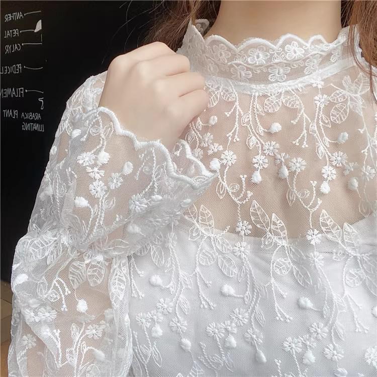 A/W 2026 Women's Stylish Mesh Lace Shirt with Bell Sleeves and Half-High Collar
