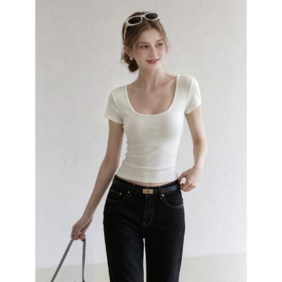 White Shoulder U-neck Exposed Collarbone Short-sleeved Women's Slim-fitting and Thin T-shirt Top Summer Waist Shirt Korean Top