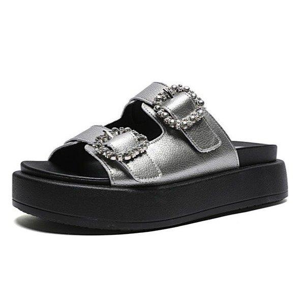 

Thick-soled cool slippers summer new one-word slippers versatile rhinestone beach sandals women 40 серебряный