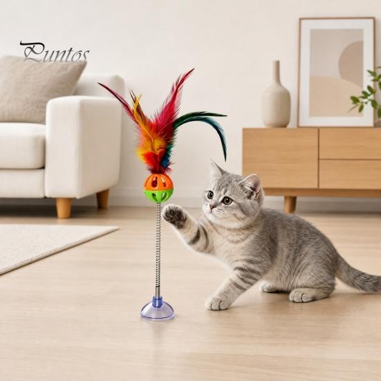 Cat Bell Ball Funny Stick with Suction Cup, Spring Rod Interactive Feather Toy Attention Grabber Bell, Colorful Teaser for Indoor Cats And Kittens