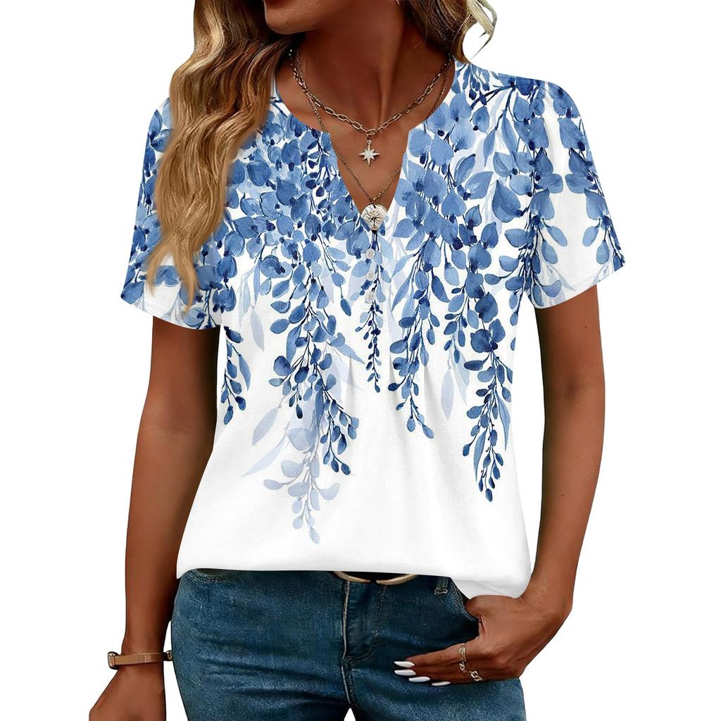 Damen Oberteile Festlich Lässig V-Ausschnitt Kurzarm Hemden Plissierte Blusen Knopfleiste Tunika