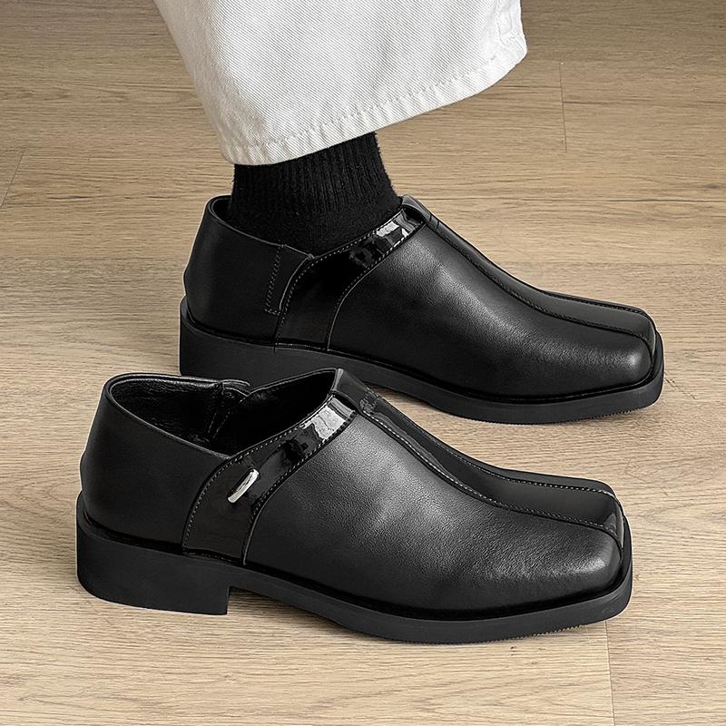 Men's Square Toe Thick Sole Slip-On Breathable Leather Shoes Casual Versatile Height Increase Comfort Commuting Loafers for Men