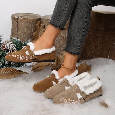 Damen Bestickte Fleecegefütterte Baumwollschuhe - Peking-Stil Low-Top Winterstiefel mit dicker Sohle, Rutschfeste Warme Hausschuhe