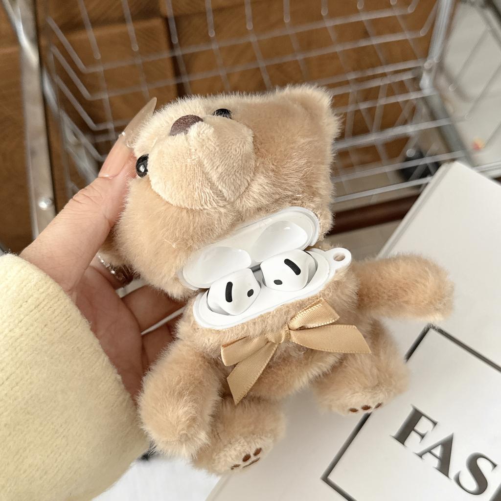 3D Fluffy Plush Bear For AirPods Case with Bow & Keychain Cute Shockproof Cover for AirPods 1 2 3 4 Pro Pro 2 Pro 3